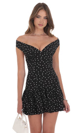 Polka Dot Off Shoulder Drop Waist Dress in Black